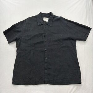 Flax Button Up Shirt 100% Linen Short Sleeve Pocket Black Mens Medium